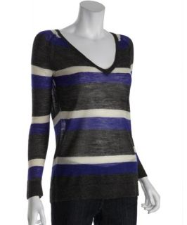 Joie cobalt and charcoal broad striped alpaca Camelissa v neck 