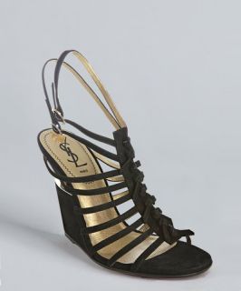 Yves Saint Laurent black suede strappy Trybal 105 wedges