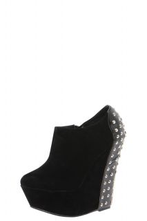 Greta Black Suedette Patent Studded Wedge Shoe Boot at boohoo