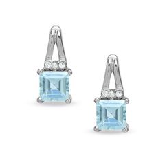 Square Aquamarine Birthstone Earrings in Sterling Silver with Diamond 