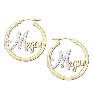 Diamond Accented Script Name Hoop Earrings in 14K Two Tone Gold   View 