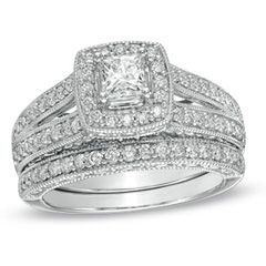 CT. T.W. Princess Cut Diamond Frame Bridal Set in 14K White Gold 