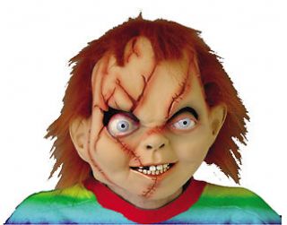 SEED OF CHUCKY DOLL DELUXE LATEX FULL MASK WITH RED HAIR COSTUME DRESS 