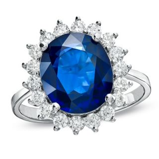 Oval Blue Sapphire and 3/4 CT. T.W. Diamond Frame Ring in 14K White 