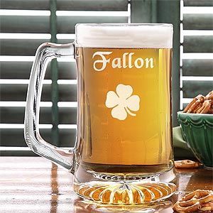 Personalized Irish Beer Mug   Glass Four Leaf Clover Design   4993
