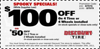 100 Off on 4 Tires or 4 Wheels installed (in stock close outs only 