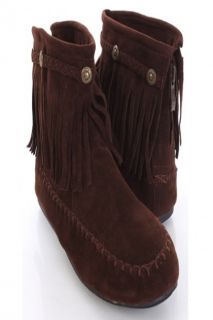Home / Brown Faux Suede Fringe Trim Moccasin Style Booties