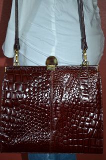 Vtg 80s WHISKEY BROWN Croc Embossed Leather FRAMED Box Purse BoHo 