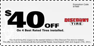 40 Off On 4 Best Rated Tires Installed. You must bring this coupon to 
