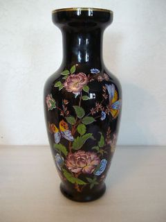 Norleans Italy Black Satin Glass Vase Butterflies Roses 11.5 Inch 