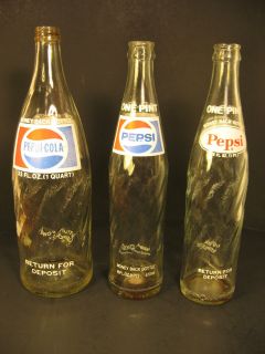 Three Original Vintage PEPSI COLA BOTTLES Clear Glass Soda Pop Retro