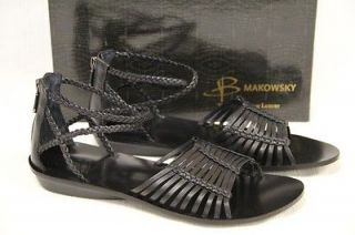 MAKOWSKY Womens Glenda Black Leather Strap Flat Sandals Size 9.5 