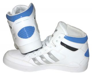 New Adidas Originals Hard Court HI White/Silver/B​lue Trainers UK 8 