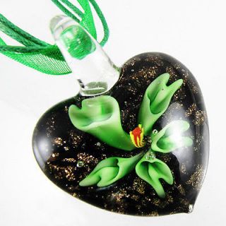   Pretty Lampwork Murano Glass Green Flower Pendant Ribbon Cord Necklace