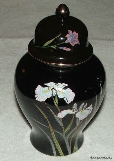Decorative Black and Iris Floral Ginger Jar Made in Kyortisu Japan