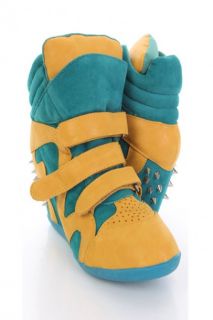 Teal Faux Suede Leather Spike Studded Sneaker Wedges @ Amiclubwear 