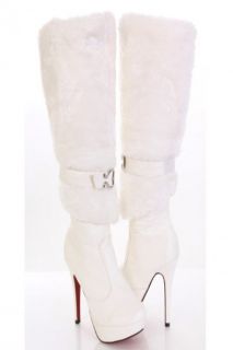 Home / White Faux Fur Leather Buckle Strap Accent Calf High Boots