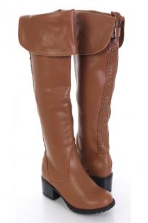 Tan Faux Leather Studded Back Knee High Boots @ Amiclubwear Boots 