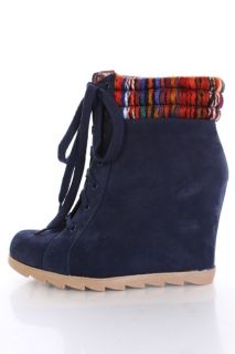 Navy Faux Leather Yarn Trim Lace Up Ankle Boots @ Amiclubwear Wedges 