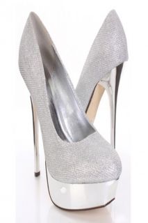 Silver Shimmer Faux Leather Mirror Platform Pump Heels @ Amiclubwear 