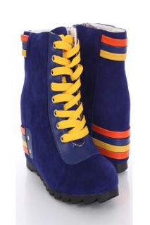 Royal Blue Velvet Faux Leather Lace Up Sneaker Wedges @ Amiclubwear 