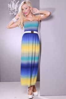 BLUE MULTI STRAPLESS KNIT WATERCOLOR SMOCKED DRESS @ Amiclubwear sexy 