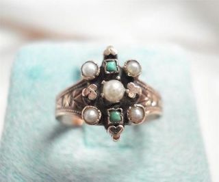 ANTIQUE VICTORIAN 14K ROSE GOLD TURQUOISE SEEDPEARL RING
