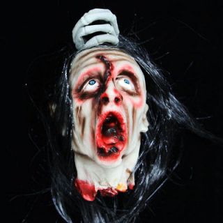   Horror Halloween Prop Severed Head Display Life Hanging Blood Wig Dead