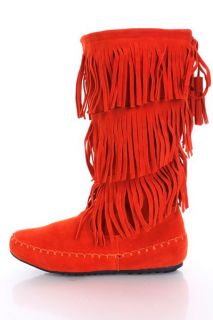 Orange Faux Suede Fringe Tiered Mid Calf Moccasin Boots @ Amiclubwear 