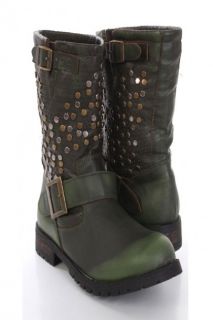 Army Green Faux Leather Studded Buckled Combat Boots @ Amiclubwear 