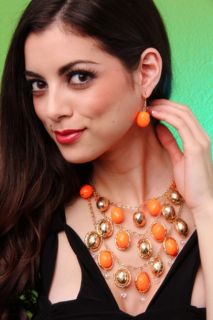 NEON ORANGE GOLD FACETED BEADED NECKLACE EARRINGS SET @ Amiclubwear 