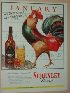 1946 SCHENLEY RESERVE WHISKEY ADS WITH THE ROOSTER