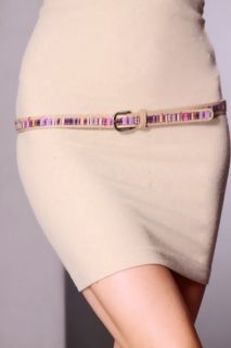 Beige Multi Canvas Strip Faux Leather Thin Belt @ Amiclubwear Belts 