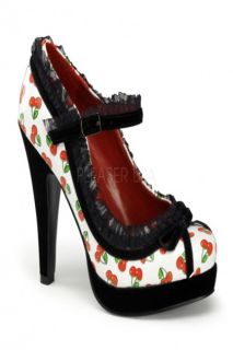 Home / White Patent Faux Leather Cherries Print Mary Jane Platform 