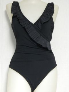 Profile Gottex SIZE 6 Surplice Swimsuit $118 NWOT Black Pleated Ruffle 