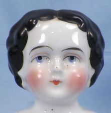 Antique China Doll Head 1880s Style Hair Nice Cond Black Curls Blue 
