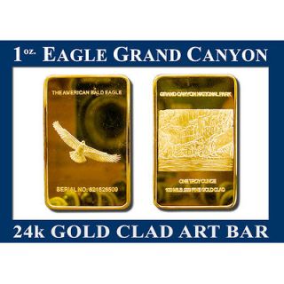 TROY OUNCE OZ BALD EAGLE GRAND CANYON GOLD CLAD 24k ART BAR COLLECT 