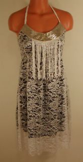 Vintage Victorian Lace Jeweled Neck Fringe Bib Dress S NEW