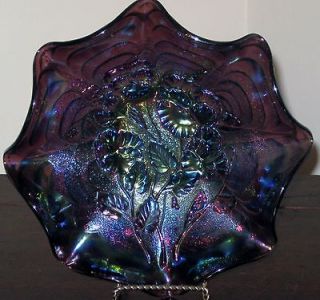 Imperial Pansy Purple Amethyst Carnival Glass Ruffled Bowl High 