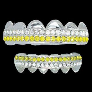 ICED OUT 2 ROW SILVER & YELLOW TOP & BOTTOM HIP HOP BLING GRILLZ SET