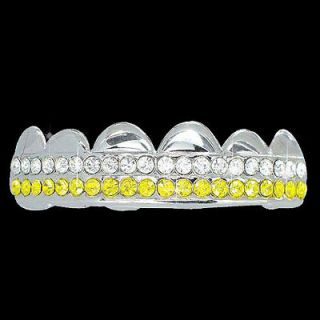 ICED OUT 2 ROW SILVER & YELLOW HIP HOP BLING TOP ROW GRILLZ BEST 