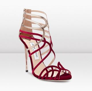 Jimmy Choo  Maury  Deep Red Velvet and Gold Mirror Leather Sandal 