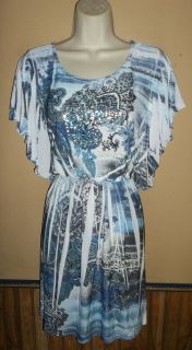 Deb blue/multi sequin pullover elastic waist stretch dress XL NWOT
