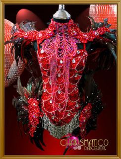   Raven Feathered Red Sequin Crystal Embellish Samba Carnival Costume