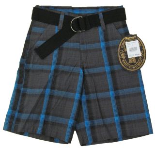 MAKAVELI Boys Gray/Blue Plaid Shorts with Belt NWT
