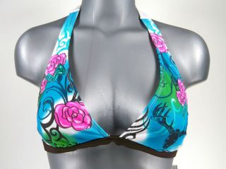   REALTREE Brown & Blue Banded Halter Tie Swimsuit Bikini TOP ONLY $44