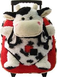 rolling suitcase/backpack red, black and white cow