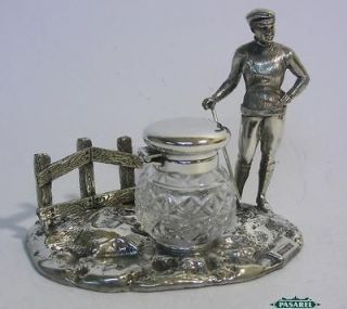 Novelty English Silver Plated And Cut Glass Golf Inkwell Ink Stand