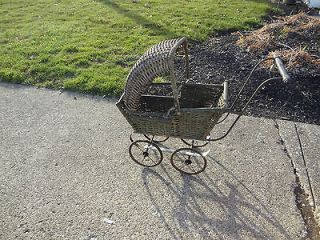 Vintage Antique Baby Buggy Stroller Shabby Wicker Original Green Paint 