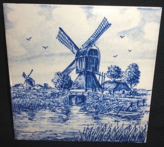 Delft Blue Tile Hand Painted Wind Mill House Lock Decorative Hanging 
